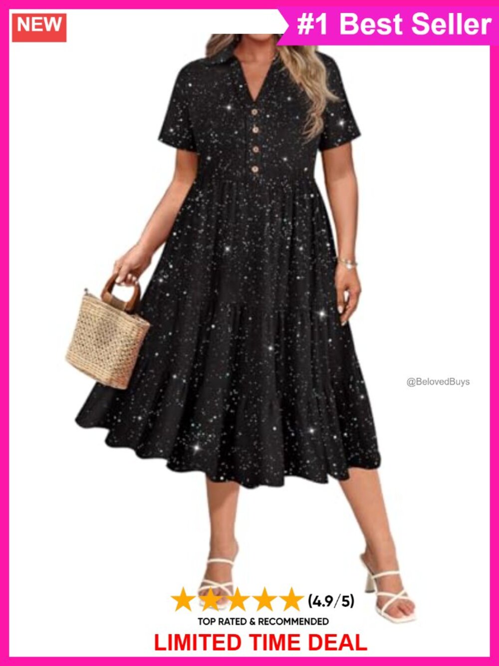 Plus Size Collared V-Neck Midi Dress Short Sleeve Ruffle Pocket